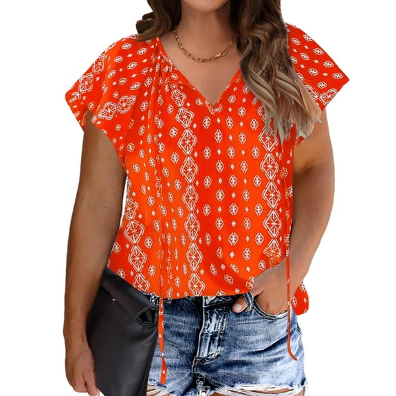 Zeagoo Womens Plus Size Boho Floral Print Tops Casual V Neck Peasant Blouses Short Sleeve Summer Shirts