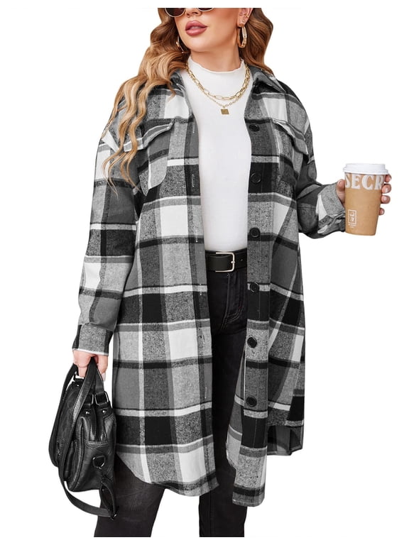 Womens Plus Size Flannel Plaid Button Down Shirts Long Sleeve Lounge Lapel Tartan Shacket Jacket Long Coats 2025