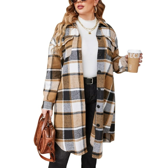 Zeagoo Womens Plus Size Flannel Plaid Button Down Shirts Long Sleeve Lounge Lapel Tartan Shacket Jacket Long Coats 2025