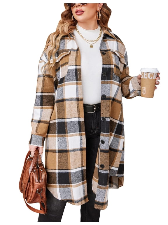Womens Plus Size Flannel Plaid Button Down Shirts Long Sleeve Lounge Lapel Tartan Shacket Jacket Long Coats 2025