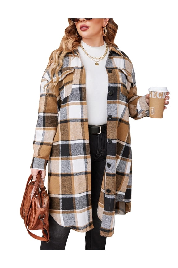 Womens Plus Size Flannel Plaid Button Down Shirts Long Sleeve Lounge Lapel Tartan Shacket Jacket Long Coats 2025