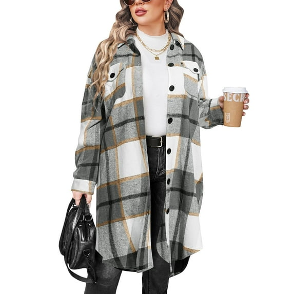 Zeagoo Womens Plus Size Flannel Plaid Button Down Shirts Long Sleeve Lounge Lapel Tartan Shacket Jacket Long Coats 2025