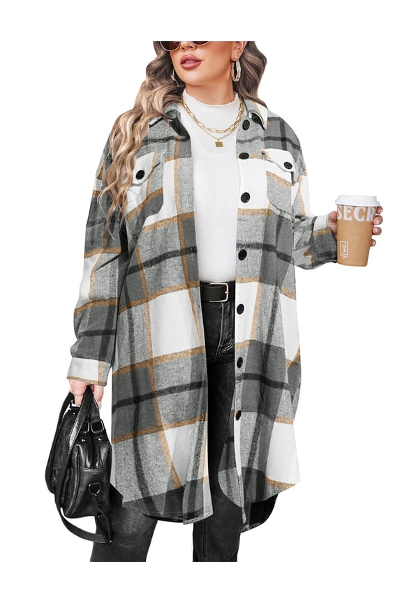 Womens Plus Size Flannel Plaid Button Down Shirts Long Sleeve Lounge Lapel Tartan Shacket Jacket Long Coats 2025