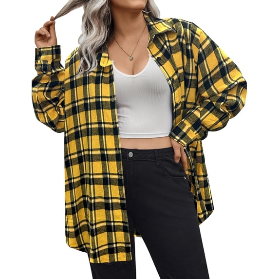 Zeagoo Womens Plus Size Flannel Plaid Shirt Roll Up Long Sleeve Mid-Long Button Down Shirts Casual Boyfriend Tops