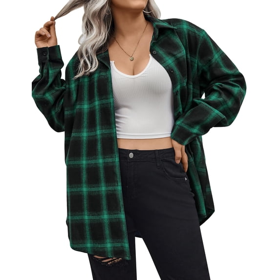 Zeagoo Womens Plus Size Flannel Plaid Shirt Roll Up Long Sleeve Mid-Long Button Down Shirts Casual Boyfriend Tops