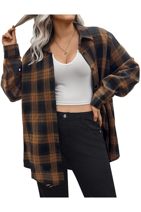 Womens Plus Size Flannel Plaid Shirt Roll Up Long Sleeve Mid-Long Button Down Shirts Casual Boyfriend Tops