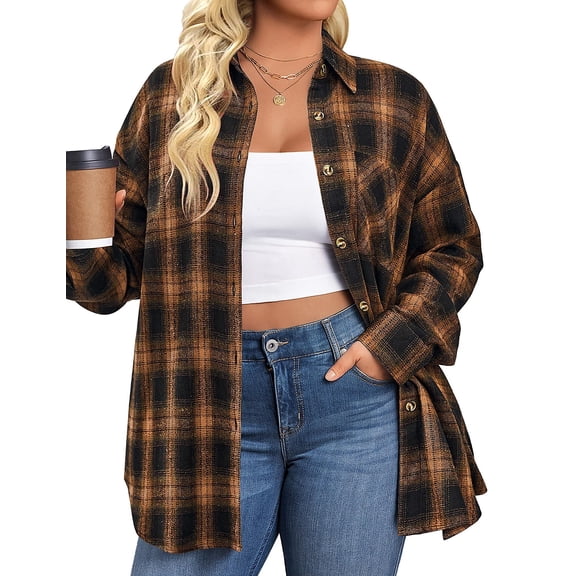 Zeagoo Womens Plus Size Flannel Plaid Shirts Long Sleeve Casual Collared Button Down Shirt Loose Blouse Top
