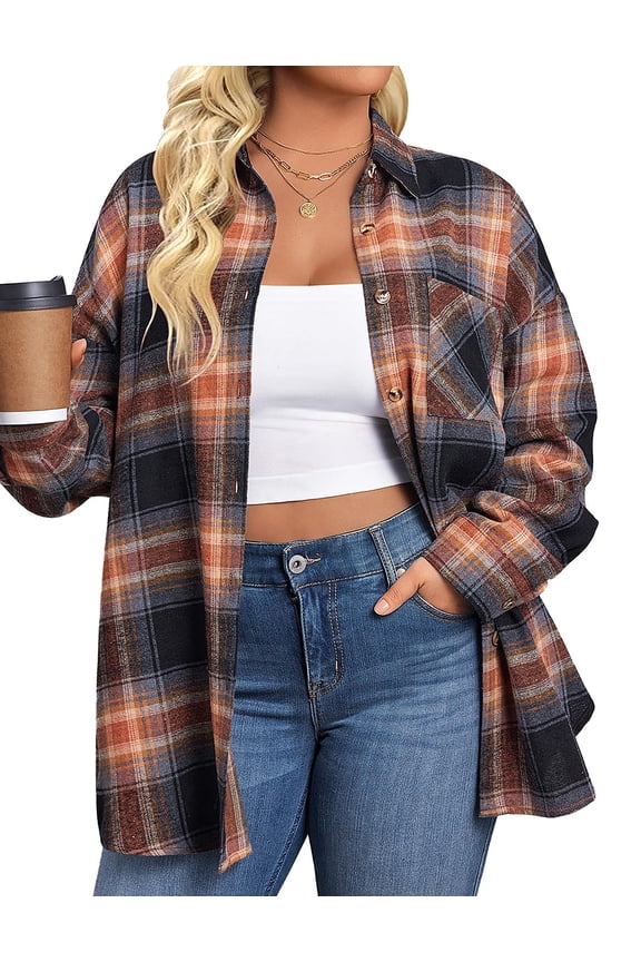Womens Plus Size Flannel Plaid Shirts Long Sleeve Casual Collared Button Down Shirt Loose Blouse Top