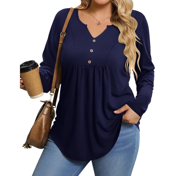 Zeagoo Womens Plus Size Long Sleeve Shirts Fall Tunic Top V-neck T-Shirt Button Up Dressy Casual Blouse