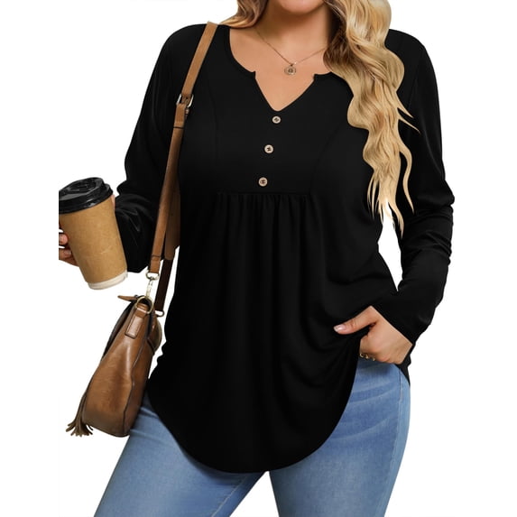 Zeagoo Womens Plus Size Long Sleeve Shirts Fall Tunic Top V-neck T-Shirt Button Up Dressy Casual Blouse