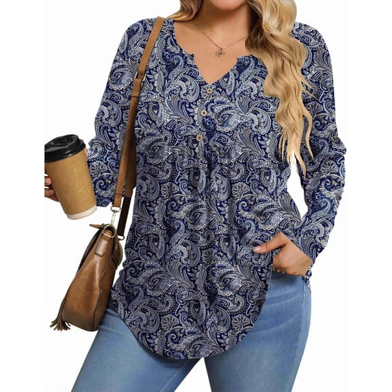 Zeagoo Womens Plus Size Long Sleeve Shirts Fall Tunic Top V-neck T-Shirt Button Up Dressy Casual Blouse