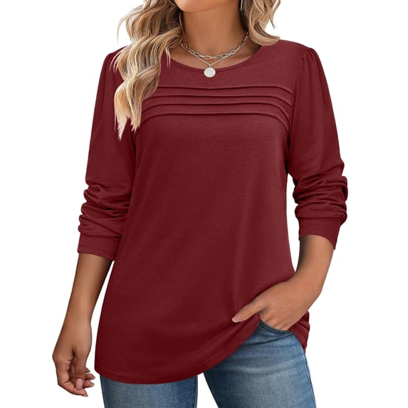 Zeagoo Womens Plus Size Long Sleeve Tops Fall Crewneck Shirts Pleated Design Casual Dressy Blouses