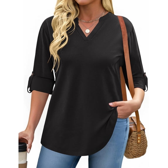 Zeagoo Womens Plus Size Long Sleeve Tops V Neck Plaid Roll Up Shirts Basic Casual Work Blouses