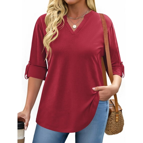 Zeagoo Womens Plus Size Long Sleeve Tops V Neck Plaid Roll Up Shirts Basic Casual Work Blouses