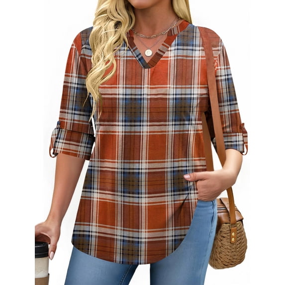 Zeagoo Womens Plus Size Long Sleeve Tops V Neck Plaid Roll Up Shirts Basic Casual Work Blouses