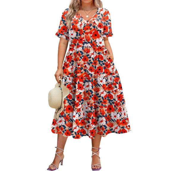 Zeagoo Womens Plus Size Short Sleeve Dress Summer Midi Casual Tiered V-Neck Aline Flowy Loose Dresses with Pockets