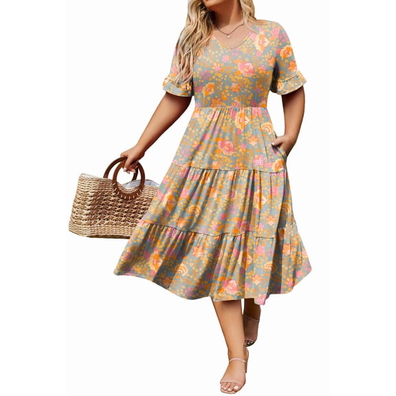 Zeagoo Womens Plus Size Short Sleeve Dress Summer Midi Casual Tiered V-Neck Aline Flowy Loose Dresses with Pockets