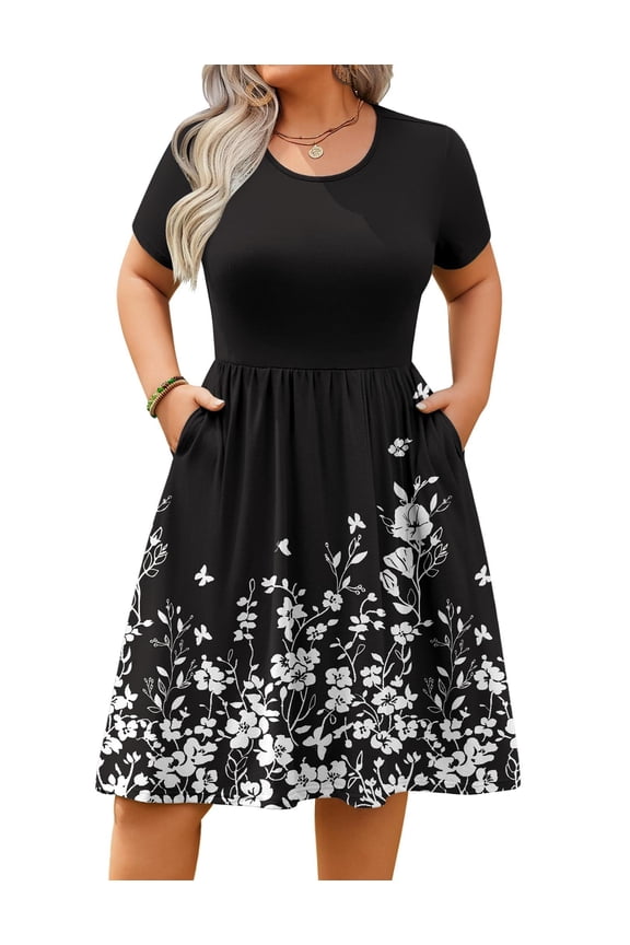 Womens Plus Size Summer Dress Short Sleeve Casual Mini Dresses Empire Waist T-Shirt Dress with Pockets