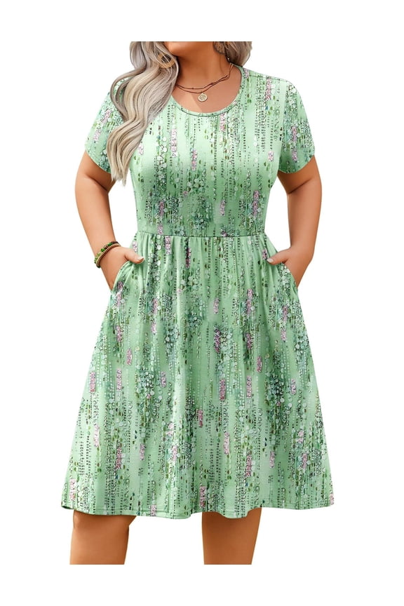 Womens Plus Size Summer Dress Short Sleeve Casual Mini Dresses Empire Waist T-Shirt Dress with Pockets