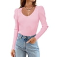 thumbnail image 1 of Zeagoo Womens Puff Long Sleeve Tops V Neck Pullover Sweaters Soft Slim Fit Solid Color Rib Knit Tops, 1 of 8