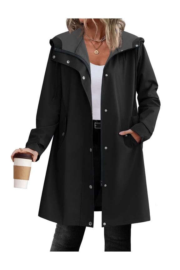 Womens Rain Jacket with Hood Black Waterproof Raincoats Lightweight Windbreaker Jacket Long Rain Trench Coat for Women