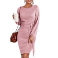 thumbnail image 1 of Zeagoo Womens Ribbed Knit Dress Long Lantern Sleeve Fall Bodycon Dress Crewneck Tie Waist Sweater Belted Dresses, 1 of 6