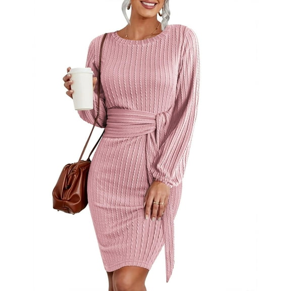 Zeagoo Womens Ribbed Knit Dress Long Lantern Sleeve Fall Bodycon Dress Crewneck Tie Waist Sweater Belted Dresses