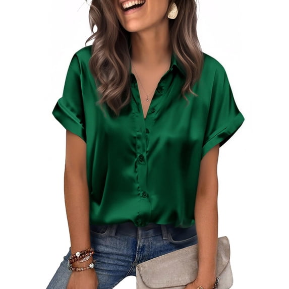 Zeagoo Womens Satin Blouse Silk Button Down Shirts Short Sleeve Dress Shirts