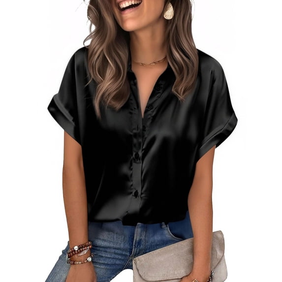 Zeagoo Womens Satin Blouse Silk Button Down Shirts Short Sleeve Dress Shirts
