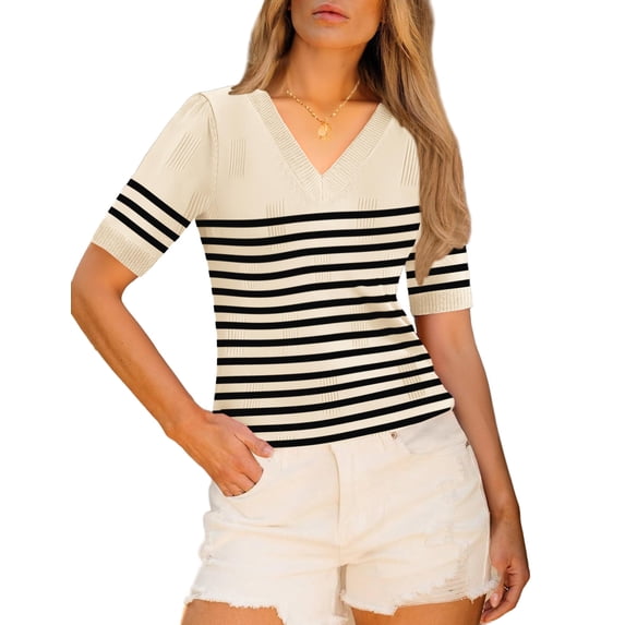 Zeagoo Womens Short Sleeve Sweaters Soft Casual V Neck Pullover Tops Lightweight Knit Sweater Blouse