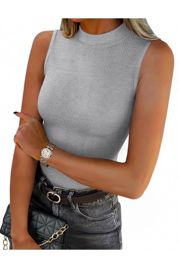Womens Sleeveless Mock Turtleneck Tank Tops Slim Fit Stretch Ribbed Tops Casual Basic Layering Shirts