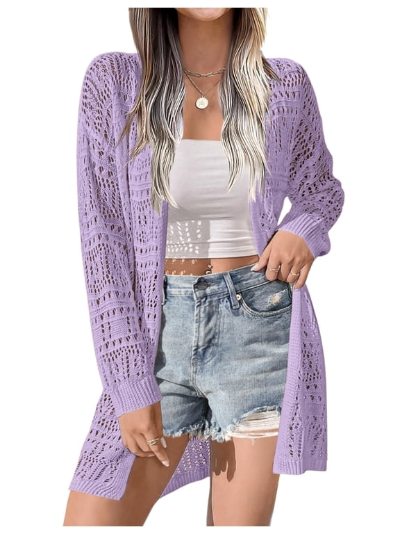 Womens Summer Crochet Cardigan Sweaters Lightweight Long Sleeve Open Front Kimono Boho Knit Cover Ups