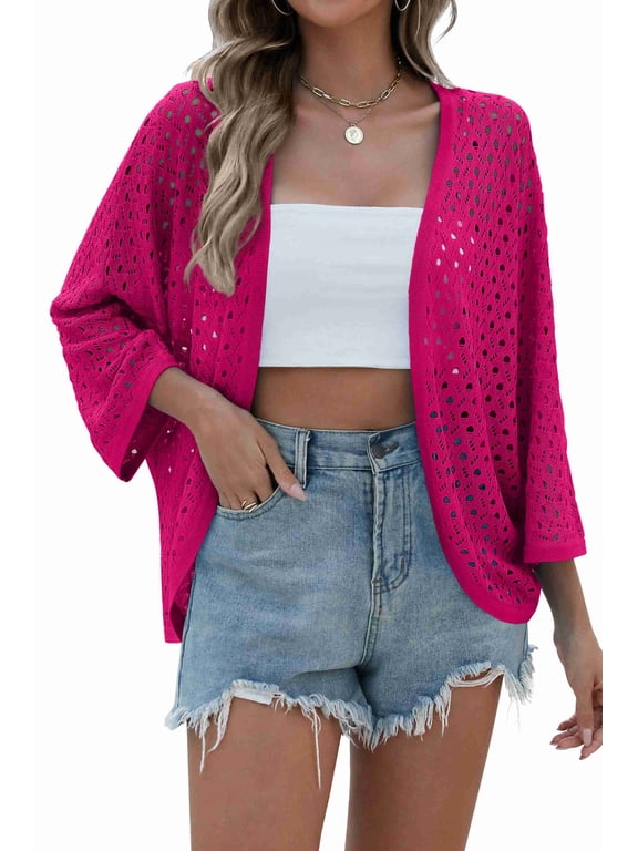 Womens Summer Crochet Cardigan Sweaters Lightweight Open Front 3/4 Sleeve Batwing Kimono Boho Knit Cover Ups