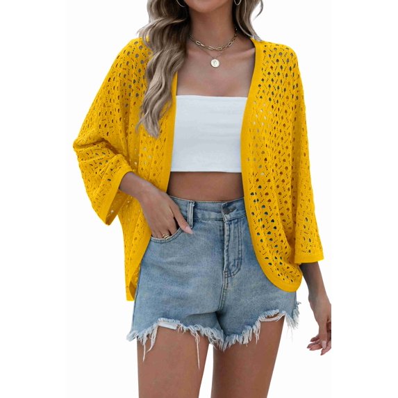 Zeagoo Womens Summer Crochet Cardigan Sweaters Lightweight Open Front 3/4 Sleeve Batwing Kimono Boho Knit Cover Ups