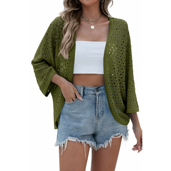 Zeagoo Womens Summer Crochet Cardigan Sweaters Lightweight Open Front 3/4 Sleeve Batwing Kimono Boho Knit Cover Ups