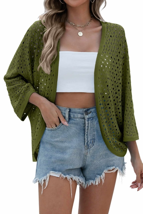 Womens Summer Crochet Cardigan Sweaters Lightweight Open Front 3/4 Sleeve Batwing Kimono Boho Knit Cover Ups