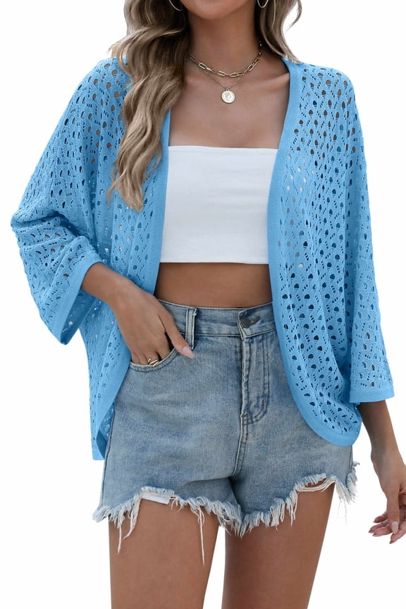 Womens Summer Crochet Cardigan Sweaters Lightweight Open Front 3/4 Sleeve Batwing Kimono Boho Knit Cover Ups