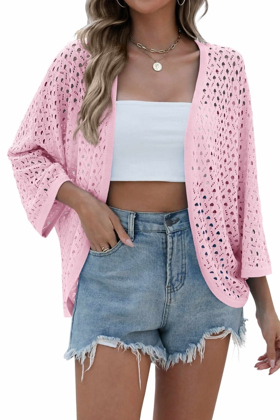 Womens Summer Crochet Cardigan Sweaters Lightweight Open Front 3/4 Sleeve Batwing Kimono Boho Knit Cover Ups