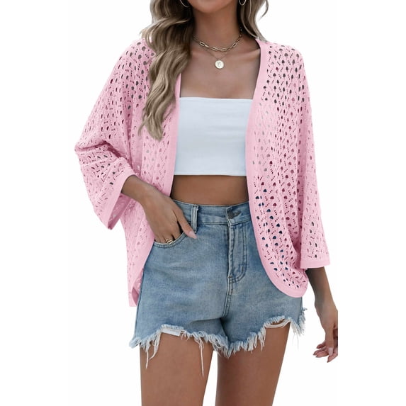 Zeagoo Womens Summer Crochet Cardigan Sweaters Lightweight Open Front 3/4 Sleeve Batwing Kimono Boho Knit Cover Ups