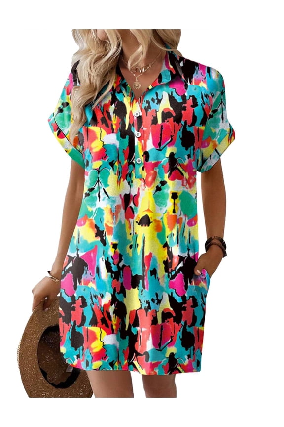 Womens Summer Shirt Dress Short Sleeve Floral Shift Dress Casual Loose Flowy Beach Sundress with Pockets