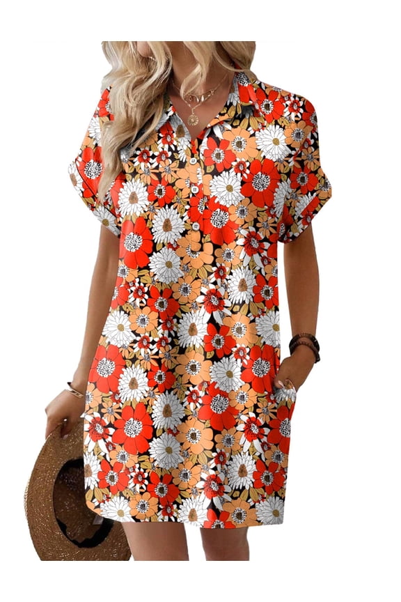 Womens Summer Shirt Dress Short Sleeve Floral Shift Dress Casual Loose Flowy Beach Sundress with Pockets