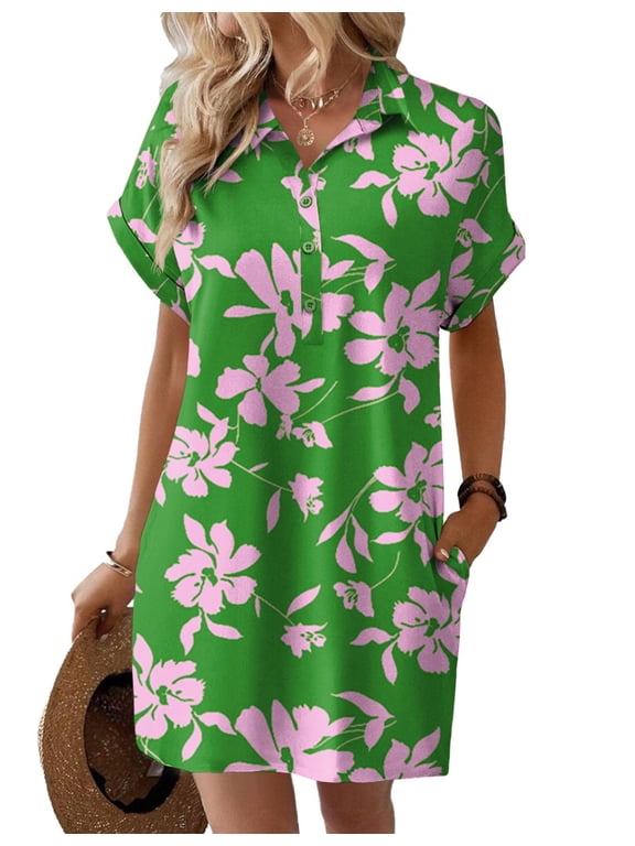 Womens Summer Shirt Dress Short Sleeve Floral Shift Dress Casual Loose Flowy Beach Sundress with Pockets