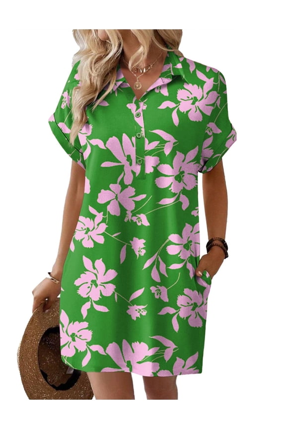 Womens Summer Shirt Dress Short Sleeve Floral Shift Dress Casual Loose Flowy Beach Sundress with Pockets