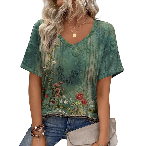 Zeagoo Womens Summer Top Casual V Neck Short Sleeve Floral Tee Shirts ...
