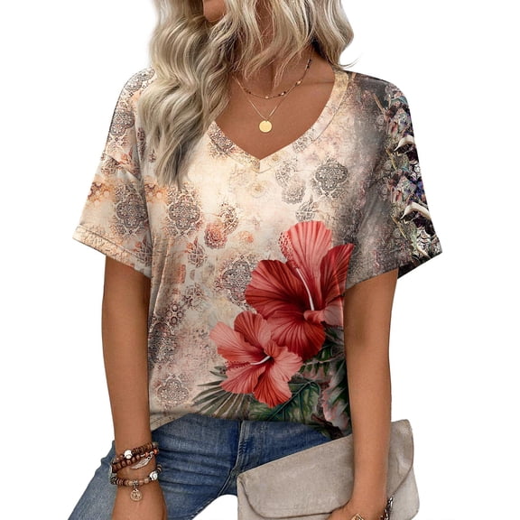 Zeagoo Womens Summer Top Casual V Neck Short Sleeve Floral Tee Shirts Ladies Tunic Tops for Legging
