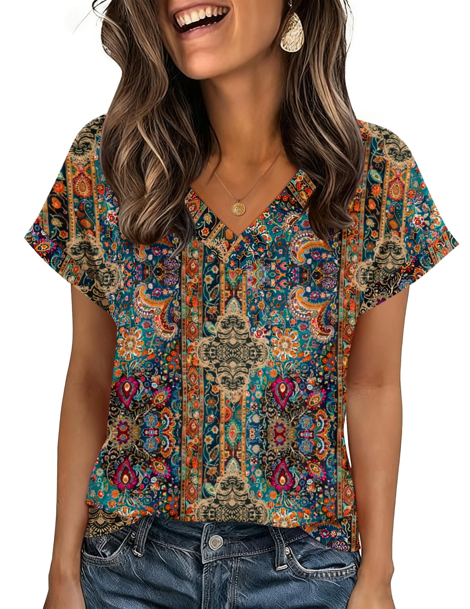 Zeagoo Womens Summer Tops Rolled Short Sleeve Basic V Neck T-Shirts ...