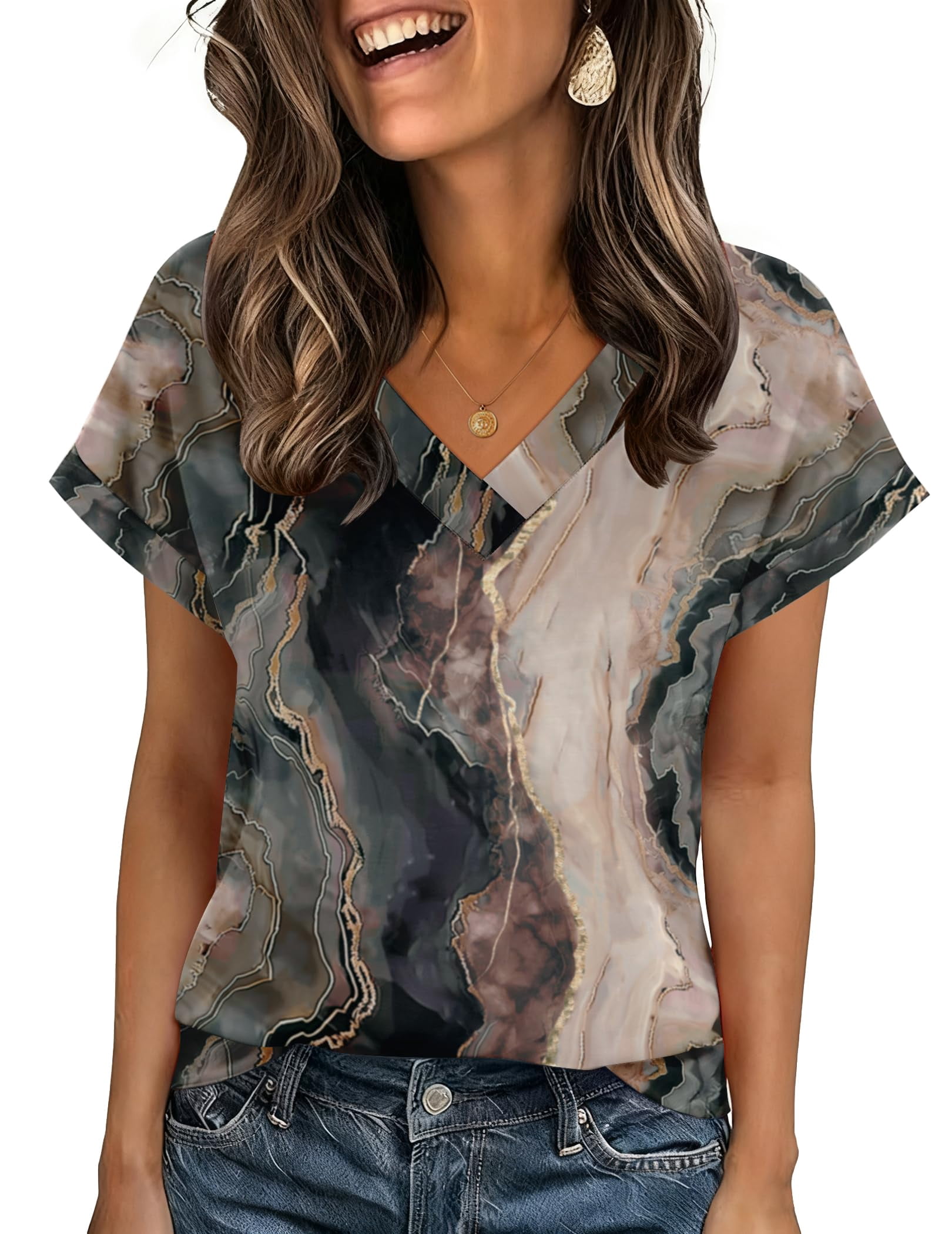 Zeagoo Womens Summer Tops Rolled Short Sleeve Basic V Neck T-Shirts ...