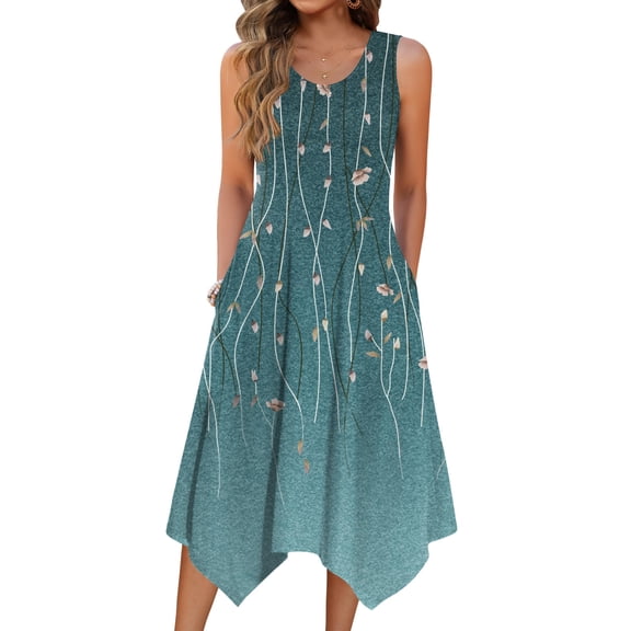Zeagoo Womens Sundress with Pockets Sleeveless Flroal Dress Flowy Tshirt Dress Round Neck Tank Midi Dress Swing Aline Dress Loose Vacation Dress Solid