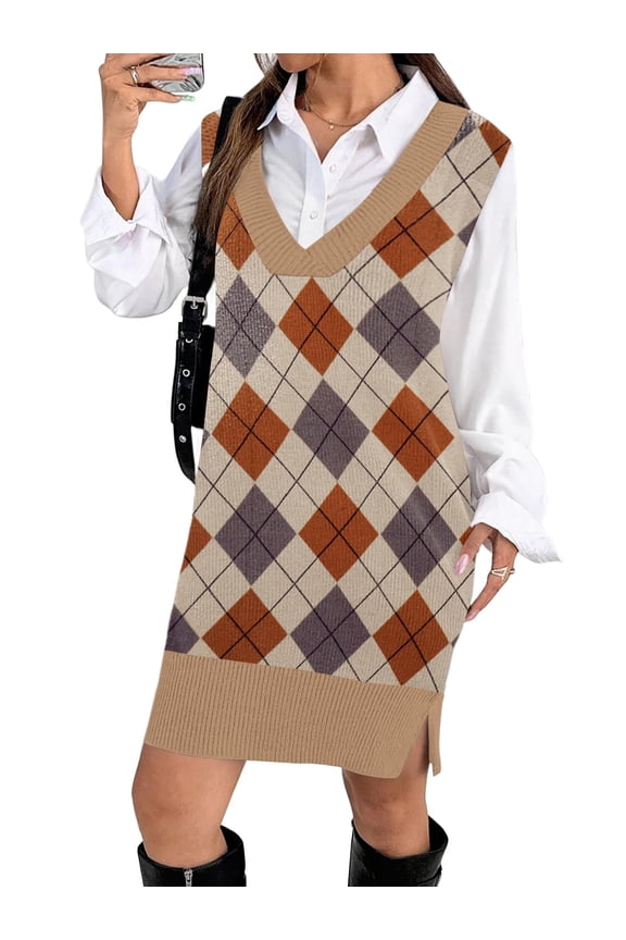 Womens Sweater Vest Dress Oversized Knitted Sleeveless Pullovers Sweaters V Neck Tank Sweater Dress Fall Winter