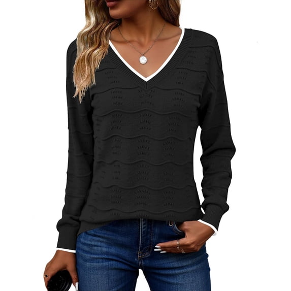 Zeagoo Womens Sweaters Fall Casual Long Sleeve V Neck Shirts Lightweight Crochet Ribbed Knit Pullover Tops